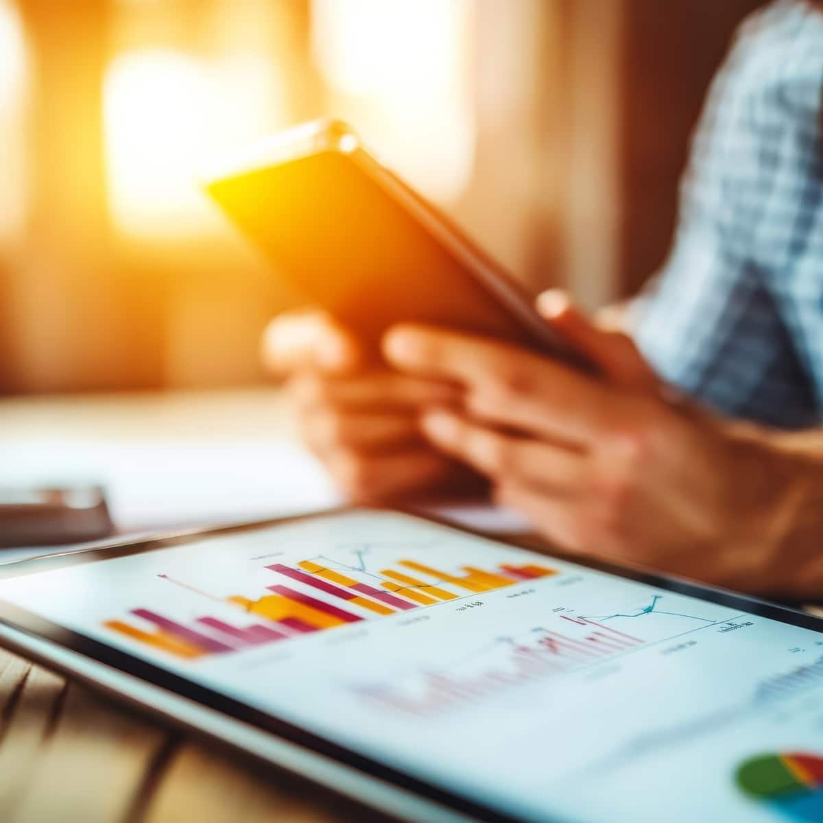 Personne analyse données business sur tablette avec graphiques et rapport. Smartphone en main.