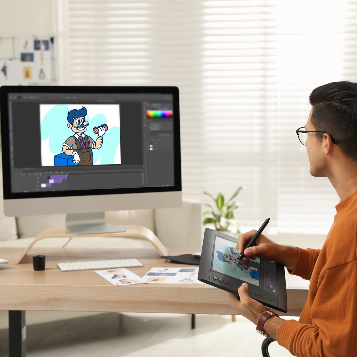 Homme dessine illustration de dessin animé sur tablette graphique face à son écran d'ordinateur. L'illustration montre un personnage avec des hot dogs.