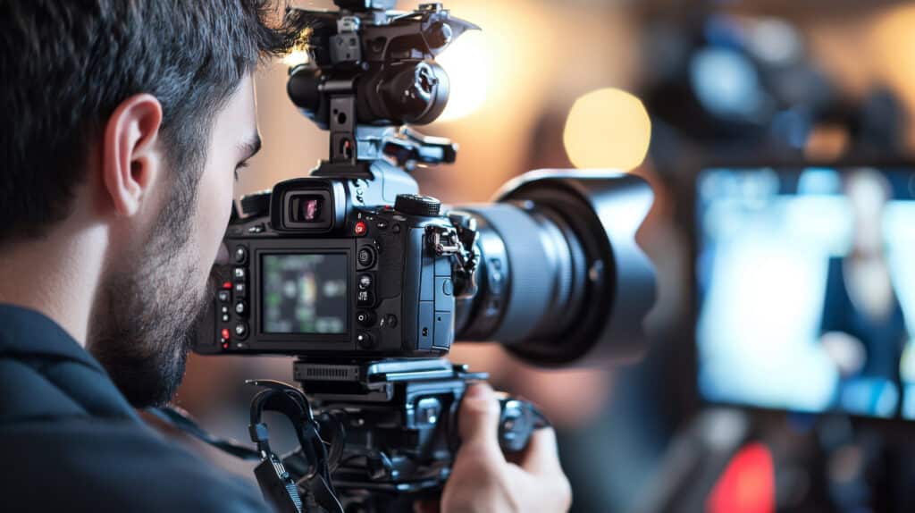 Tournage événementiel : Opérateur vidéo et caméra pro Opérateur vidéo filmant avec une caméra professionnelle, écran allumé, lors d'un événement avec des lumières floues en arrière-plan.